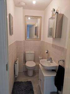 KentLangley Haven - 3 BR House的一间带卫生间、水槽和镜子的浴室