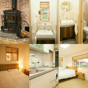 西归浦市Bandi House的浴室和卧室的照片拼在一起