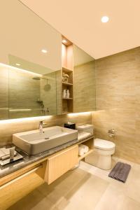日惹The Manohara Hotel Yogyakarta的一间带水槽、卫生间和镜子的浴室