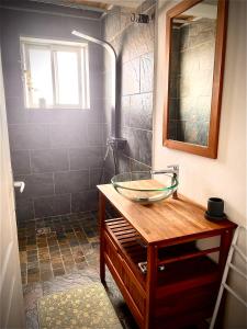 珀蒂蒂勒Alambic de Grand Anse的一间带玻璃水槽和淋浴的浴室