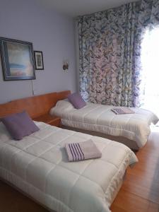 拉纳卡奥妮思罗斯酒店的配有窗户的酒店客房内的两张床