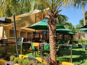 基苏木The VIP Luxury Lounge Hotel的棕榈树,在餐厅前方,有桌子和遮阳伞