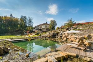 鲁哈科维斯奥古斯汀尼斯基康体和温泉酒店的一个带遮阳伞的岩石庭院内的游泳池