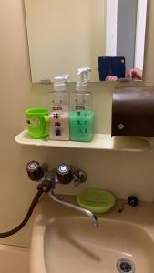 埼玉市大宮溫馨小屋的浴室水槽设有镜子,上面装有几瓶水
