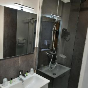 里摩日Hôtel Les Beaux Arts- Limoges Hypercentre的一间带水槽、淋浴和镜子的浴室