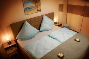 萨尔堡Ferienwohnung Saar-Steg的一间卧室配有带白色床单和蓝色枕头的床。