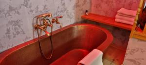 布拉格乌迷得维库啤酒酒店的红色浴缸的浴室
