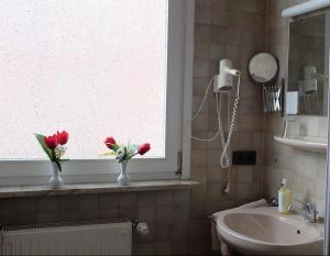 布伦瑞克Lessinghof的浴室的窗户上装有两瓶红色花瓶