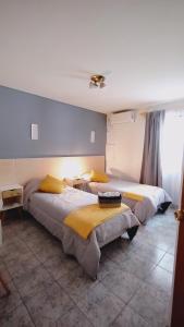 门多萨Hotel Alta Mendoza的一间卧室设有两张床和窗户。