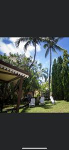 佩雷贝勒Baleau Villas Studio的一个带两把椅子的院子和两棵棕榈树