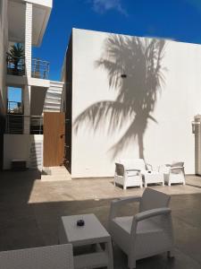 圣安德烈斯Oasis Hotel的建筑物一侧棕榈树的阴影