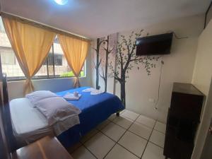 巴尼奥斯Hostal los Andes的一间卧室配有蓝色的床和电视