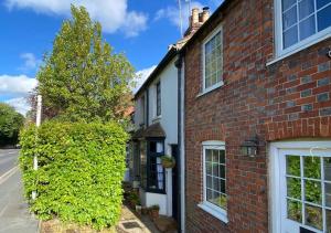 普尔伯勒Pieman's Cottage - Pulborough, West Sussex Cottage - sunny courtyard的街道旁的砖房,有树