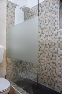 埃武拉Casa da Ti´Lola的浴室设有玻璃淋浴间和卫生间