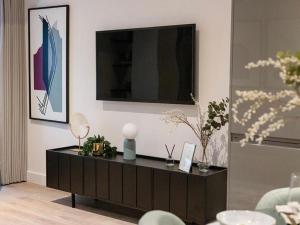 索利赫尔Luxury Modern, One bedroom flat的一间客厅,配有黑色橱柜和电视机