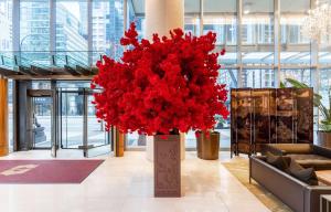 温哥华香格里拉温哥华酒店的大堂里盛满红花的大花瓶