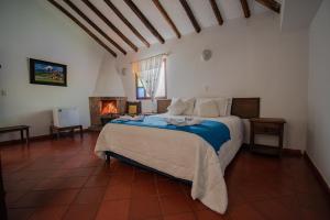 莱瓦镇月神别墅酒店的一间卧室设有一张床和一个壁炉