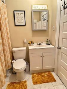 梅肯Southern Comfort Retreat的一间带卫生间、水槽和镜子的浴室