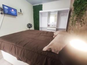 贝洛奥里藏特Kitnet Lua - Mobiliada的一间卧室配有一张床,墙上配有电视