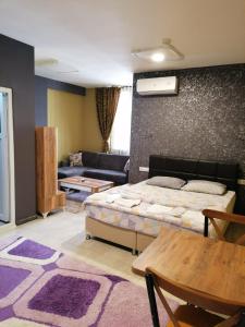安塔利亚Aziz Konaklama的客厅配有床和沙发