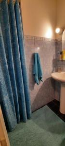 拉克韦雷Lennuki Apartement的浴室设有蓝色淋浴窗帘和水槽