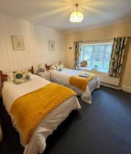 卡斯尔顿Dunscar Farm Bed & Breakfast的一间卧室设有两张床和窗户。