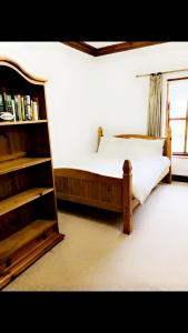 阿马Ridge Wood House的一间卧室设有一张床和一个书架