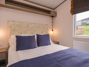 纽基St Mawgan's Cove 1的一间卧室配有一张带蓝色枕头的床和一扇窗户。