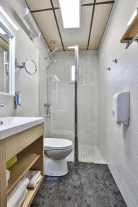 MaussacHôtel-Restaurant Logis Europa的浴室配有卫生间、盥洗盆和淋浴。