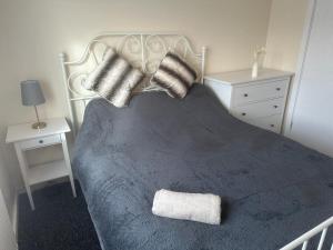 凯特林3 Bedroom House For Corporate Stays in Kettering的一间卧室配有一张带蓝色毯子和枕头的床。