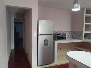 科苏梅尔Beicoc2的厨房配有不锈钢冰箱和微波炉。