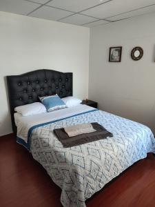 佩雷拉Habitación privada con vista a la ciudad的一间卧室配有一张大床和黑色床头板