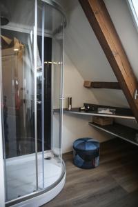 ZuidlandB&B de Hartewens的阁楼上带玻璃淋浴间的浴室