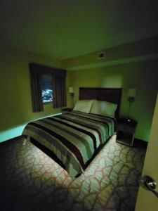 默特尔比奇Bayview Resort Penthouse w/ Sunset Views的一间位于绿色客房内的卧室,配有一张床