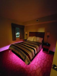 默特尔比奇Bayview Resort Penthouse w/ Sunset Views的一间卧室配有一张带粉红色照明的大床
