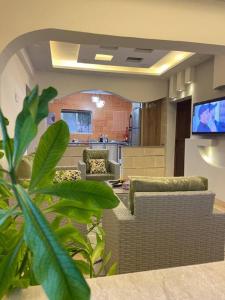 乌姆盖斯بيت العُمري (ام قيس)的带沙发和平面电视的客厅