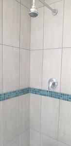 比勒陀利亚Private Room Chez Khanyi Homestays的配有白色瓷砖墙和淋浴头的淋浴