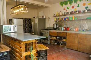 拉巴斯Sunset Hostel的厨房配有冰箱和台面