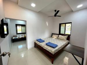 拉特纳吉里Gayatri Homestay的一间卧室配有一张带蓝色枕头的床。