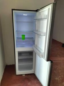 帕杰Mambo Leo Hostel的内置一个绿色碗的空冰箱