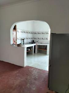 帕杰Mambo Leo Hostel的一间位于客房中间的带拱门的厨房