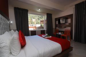 达兰萨拉Hotel yellow nest inn的一间卧室配有一张带红色枕头的床和一扇窗户