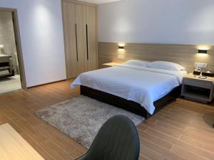 广州广州纺园公寓酒店的一间卧室配有一张床和一把椅子