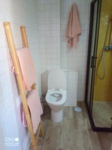 贝纳尔马德纳Coty's Beach的浴室配有带粉色毛巾和淋浴的卫生间。