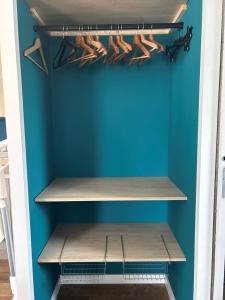 乌尔坦Charmant logement neuf的衣柜配有蓝色的墙壁和木制架子