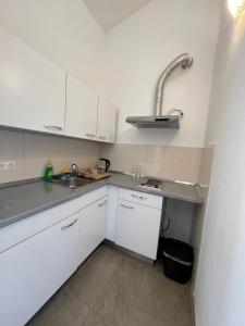 StudenciApartments Slapovi的小厨房配有白色橱柜和水槽