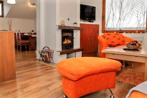 布雷兹诺Apartmán Ivka的客厅配有橙色椅子和壁炉