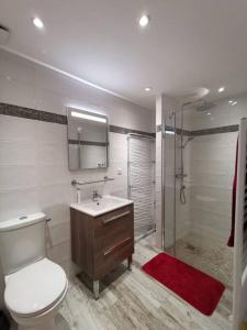 格朗维尔Charme et zénitude, avec vue exceptionnelle sur le port的浴室配有卫生间、淋浴和盥洗盆。