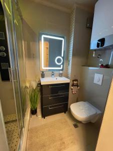 萨图恩Casa Ovi的一间带水槽、卫生间和镜子的浴室