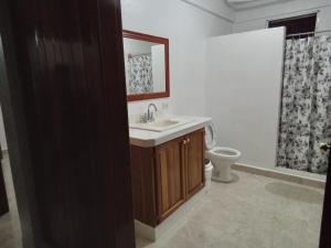 特拉Hostel Casa Verde, Tela Atlantida.的一间带水槽和卫生间的浴室